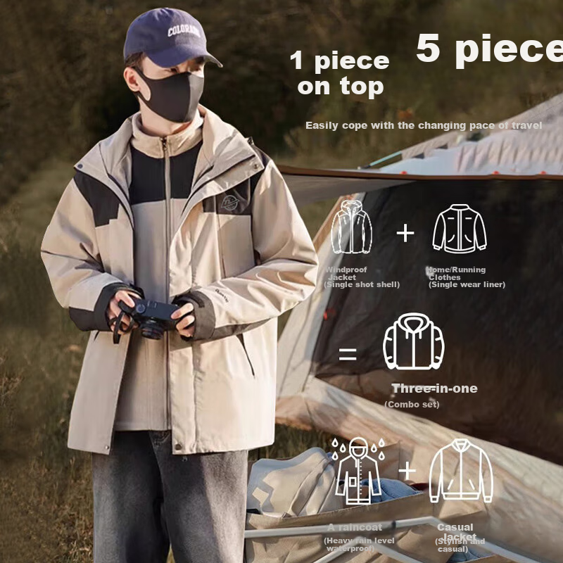 Huili Outdoor Jacket for Men And Women, Three-In Coat with Fleece Inner Layer, Windproof And Warm, Detachable Mountaineering Jacket for Me 3