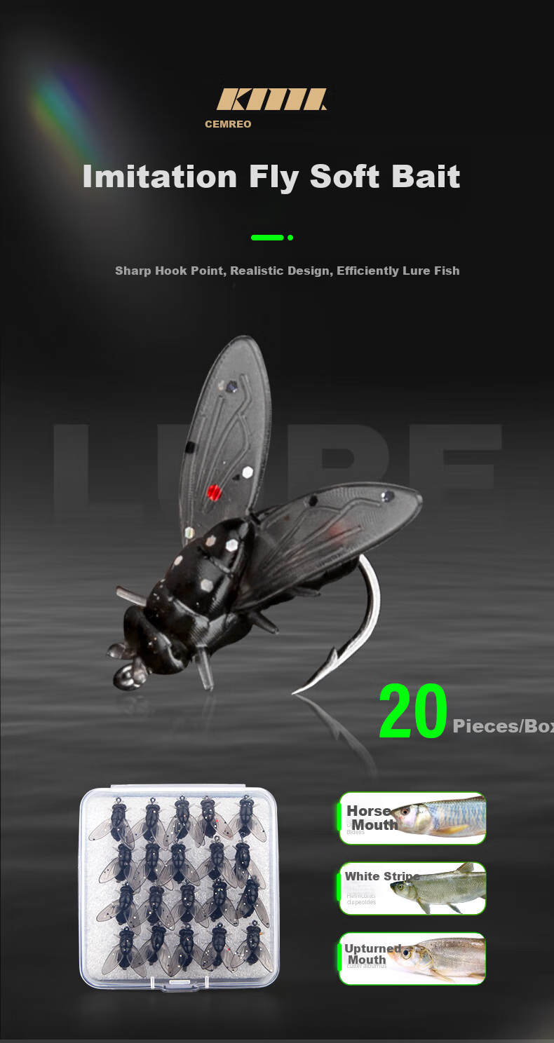 Kemailei Fly Hook Soft Bait for Flies Fishing, Mosquitoes, Insects Prevention, Artificial Bait for Horse Mouth Creek Fishing, Medium Size Black, 20 Pieces 1