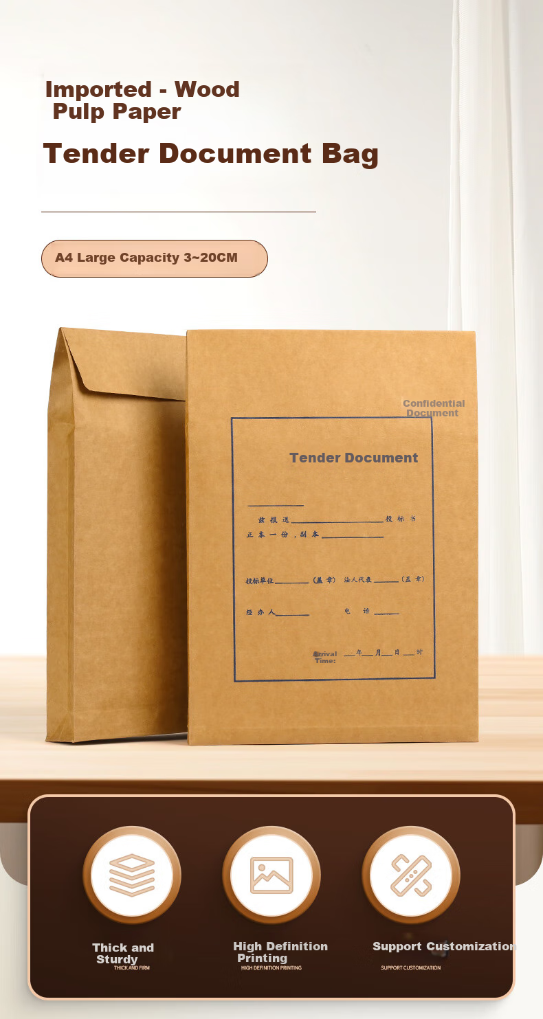 Yuzijian 20 Bid-Specific Document Folders, A4 Mixed Pulp Kraft Paper File Folders, 250g Thickened Version/8cm Side Width, Includes Sealing Strips, 2647 1