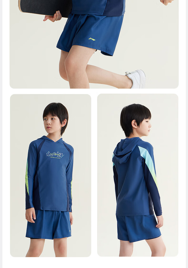 LI-NING Kids Boys Long Sleeve Sun Protection Two-Piece Surfing Swimsuit Patterned Swim Trunks Hot Spring Swimming Gear 8031 Blue Size 140 17