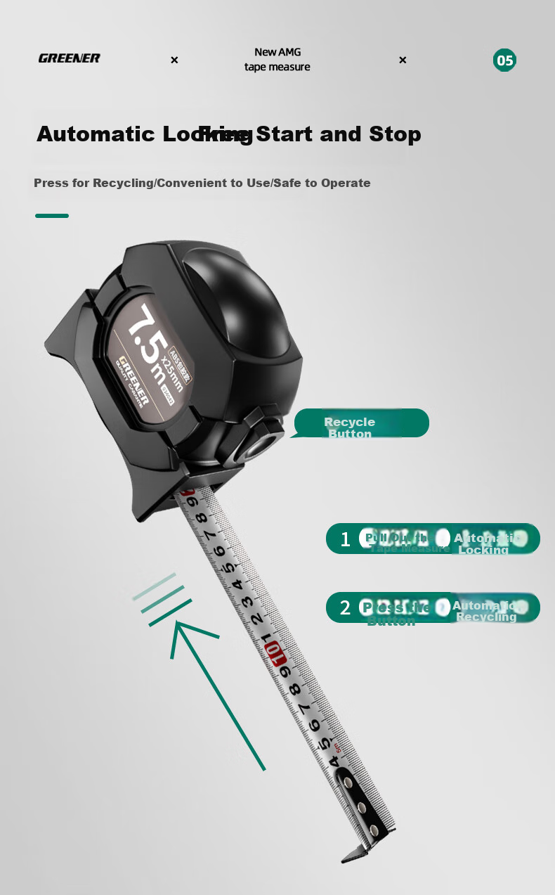 GREENER Steel Tape Measure, Household Use, Wear-Resistant, Drop-Resistant, High-Precision Self-Locking Ruler, 7.5 Meters * 25mm 4