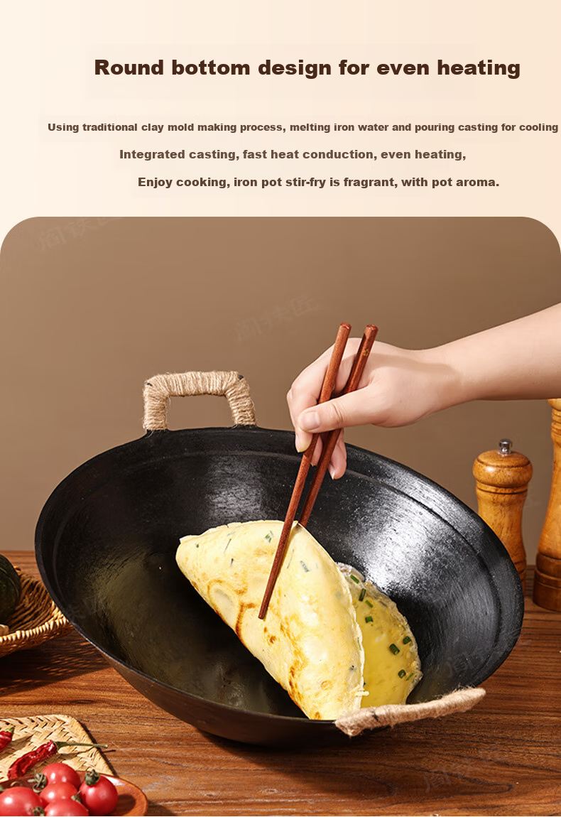 Yan Blacksmith Zhangqiu Cast Iron Double-Handle Wok Non-Coated Raw Iron Stir-Fry Pan Thickened Traditional Round Bottom 40cm 5