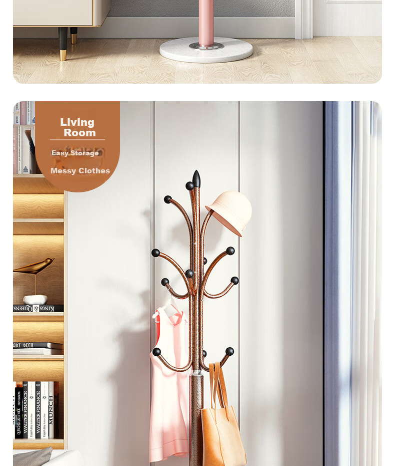 Yijia Coat Rack, Floor-Standing Clothes Hanger, Simple Marble-Style Standing Garment Stand for Home Use, Antique Bronze Color 13