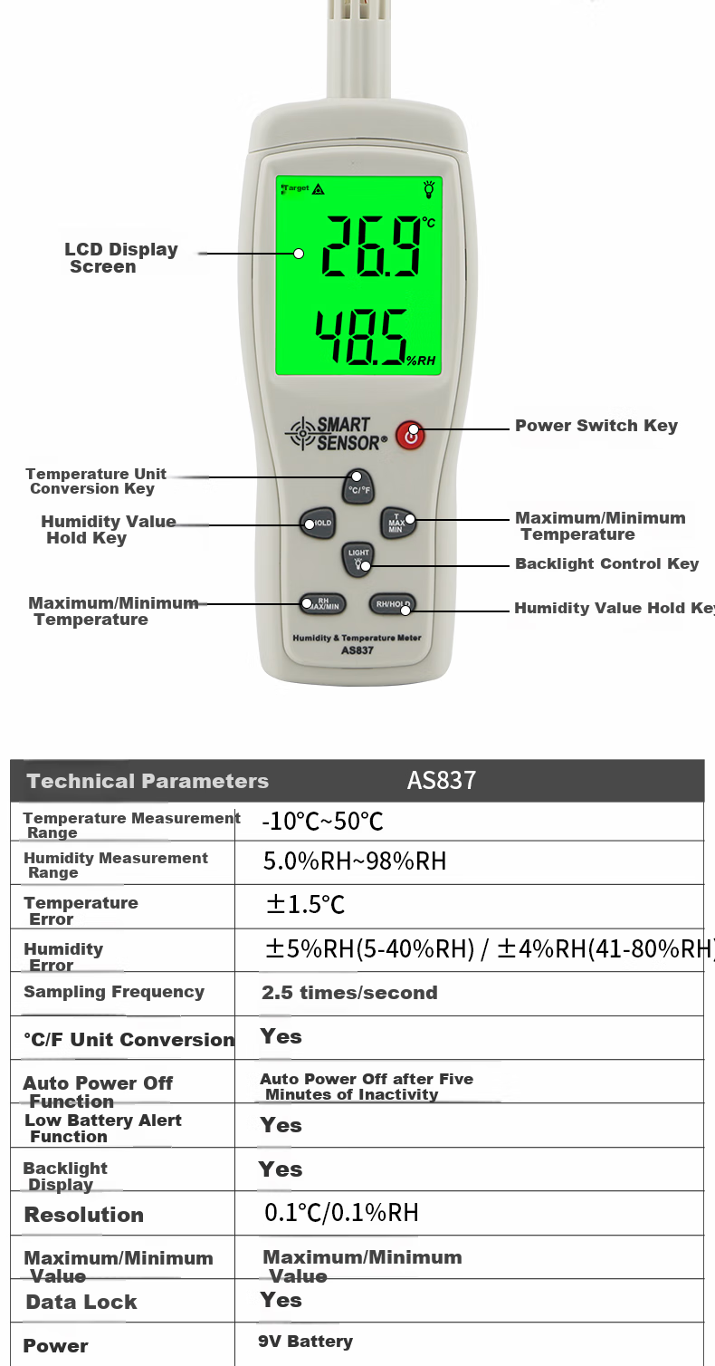 Xima AS837 Temperature And Humidity Meter, High-Precision Integrated Temperature And Humidity Detector, Industrial And Home Use Thermometer And Hygrometer 5