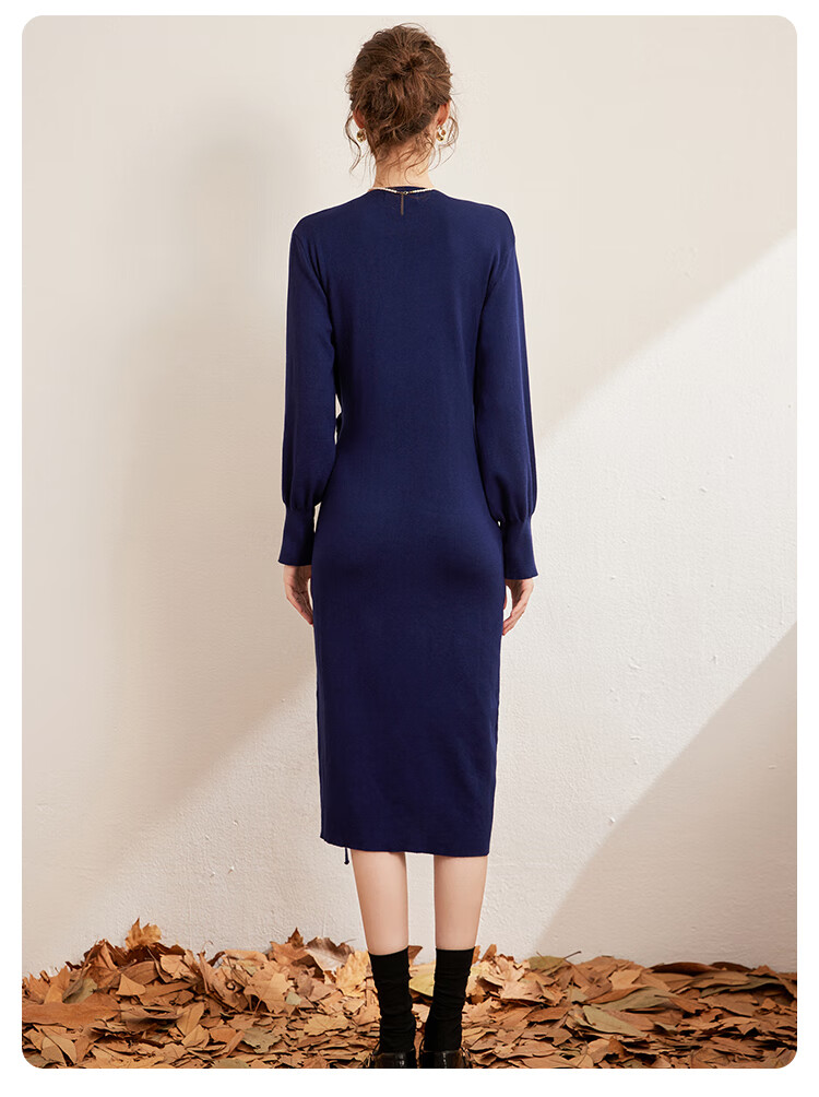 LOUISYAO Spring Autumn V-Neck Tie Design Slim Fit Slightly Stretchy Mid-Length Elegant Knit Dress Dark Coffee S 15