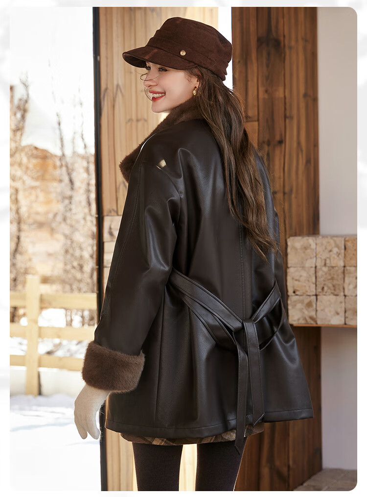 Bailuyu Faux Mink Fur Stand Collar Waist-Cinched Coat 25 Winter New Fashion High-End Mid-Length Women's Overcoat Coffee Color XL 12
