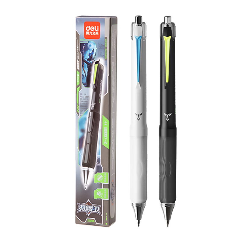 Deli Hex Warrior Feather Scale Guard Retractable Gel Pen Liquid Silicone Comfortable Grip 0.5mm Dual Ballpoint ST Tip Student Exam Pen Signature Pen Black 2-Pack SS007-2