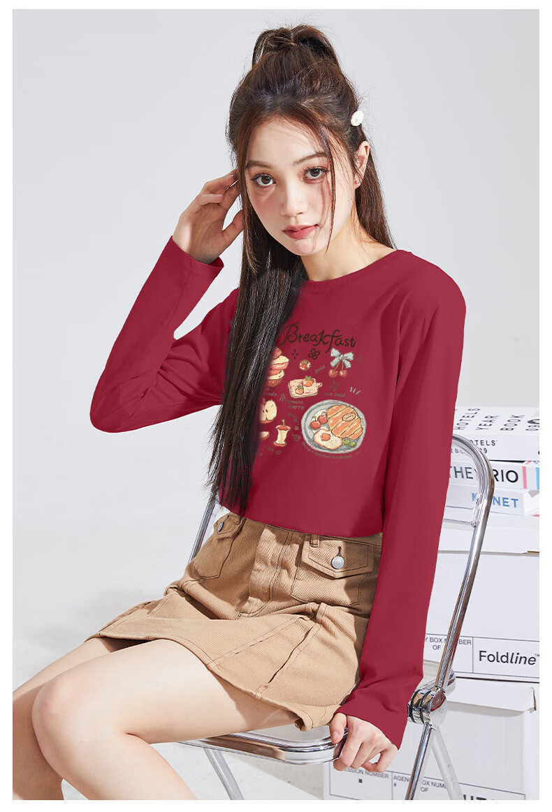 TonLion Pure Cotton Long Sleeve T-Shirt Women Spring Autumn New 200G Heavyweight Base Layer Trendy Petite Top 2