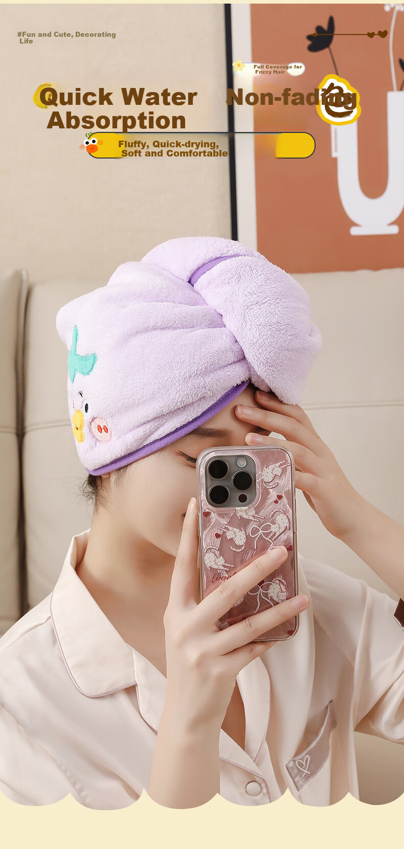 Fanyejia Cute And Ugly Hair Drying Cap for Students, Women's Super Absorbent Quick-Drying Hair Wrap Towel, Cute Coral Fleece Shower Cap for Adults 4
