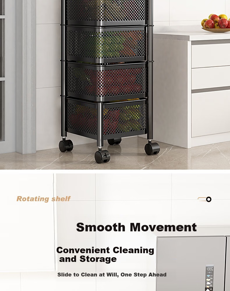 Yicainianhua Kitchen Storage Rack, Floor-Standing Vegetable Basket, Rotating Shelf, Vegetable Organizer, Living Room Storage Movable Cart, 1118-WH 8