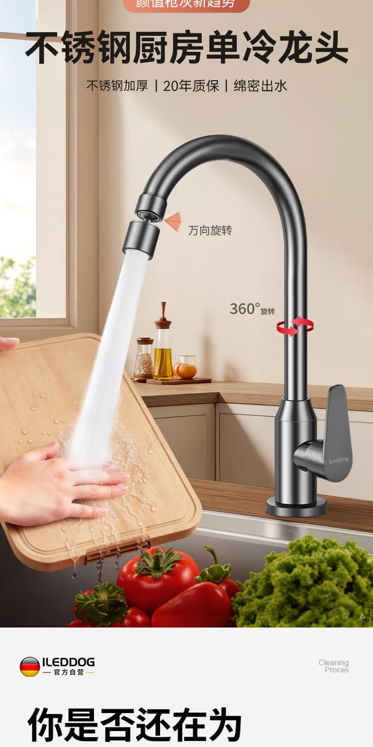 ILeddog [Germany] Kitchen Faucet Single Cold Sink Basin Swivel Splash-Proof Tap CFLT-GY2D 2