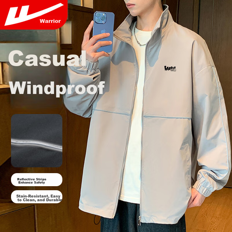 Huili Men's Jacket, Autumn Casual Reflective Striped Jacket, Trendy Versatile Windproof Coat, Silver Gray, 2XL