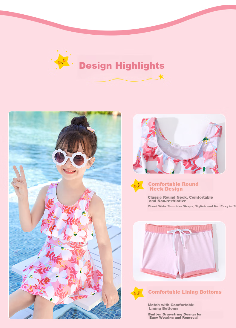 Youyou Children's Swimsuit, Girls' One-Piece Dress Swimwear, for Young And Middle-Aged Children, Hot Spring Swimwear, Five-Piece Set, 32630 Pink And White, Size L 3