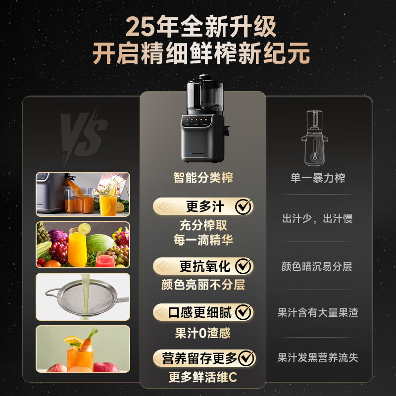 BLAUPUNKT Juicer, Original Juice Machine for Home Use, Pulp Separation, Fruit Juicer, Ice Cream Maker, Fully Automatic, Large Diameter, Easy to Clean, Pure Juice Rate 99%, Starry Gray