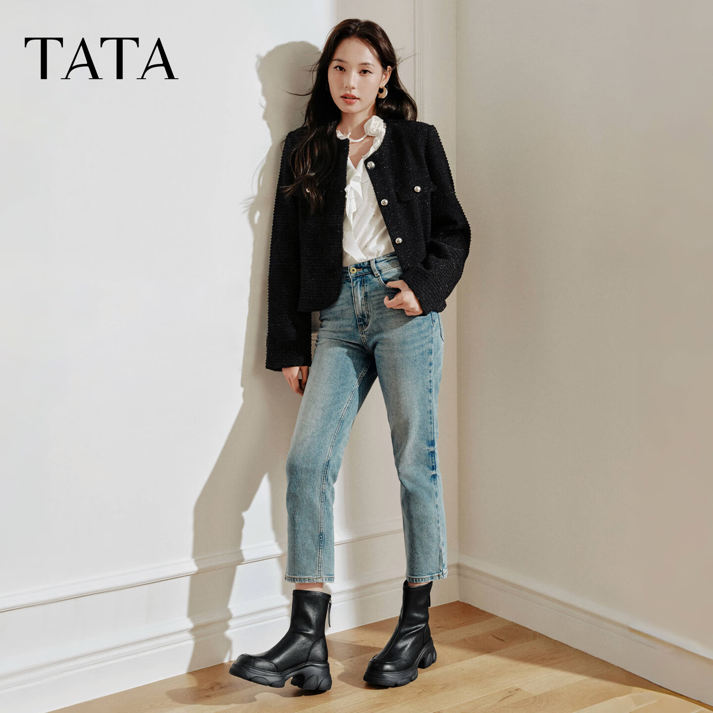 TATA TATA Meow Claw Boots 2025 Autumn Winter Versatile Fashion Women's Ankle Boots New Elastic Boots Black (Fleece Lined) Size 39