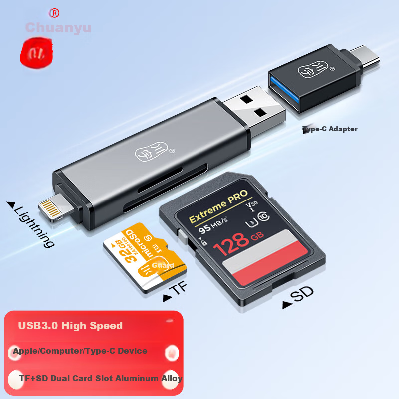 Chuanyu USB3.0 OTG Adapter, High-Speed Apple Phone TF/SD Card Reader, Multi-In Huawei/Apple/Type-C/Computer/Camera Pocket Card Reader