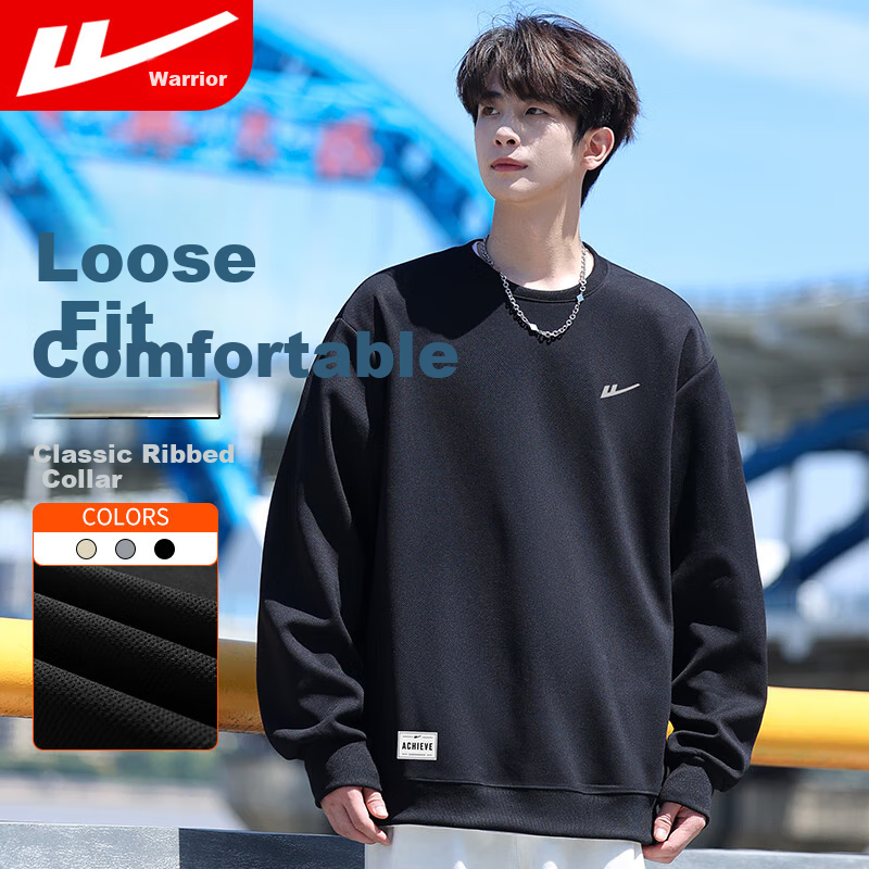 Warrior Sweatshirt for Men, Autumn Round Neck Long Sleeve T-Shirt, Fashionable Versatile Base Layer, Casual Comfortable Top for Men, Black M