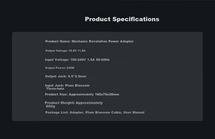 Youpin Mechanical Revolution Aurora Pro Aurora X World-Class Jiaolong 5/7/16 Pro Laptop Charger, 19.5V11.8A 230W, ASUS Shenzhou Notebook Power Adapter Cable 7