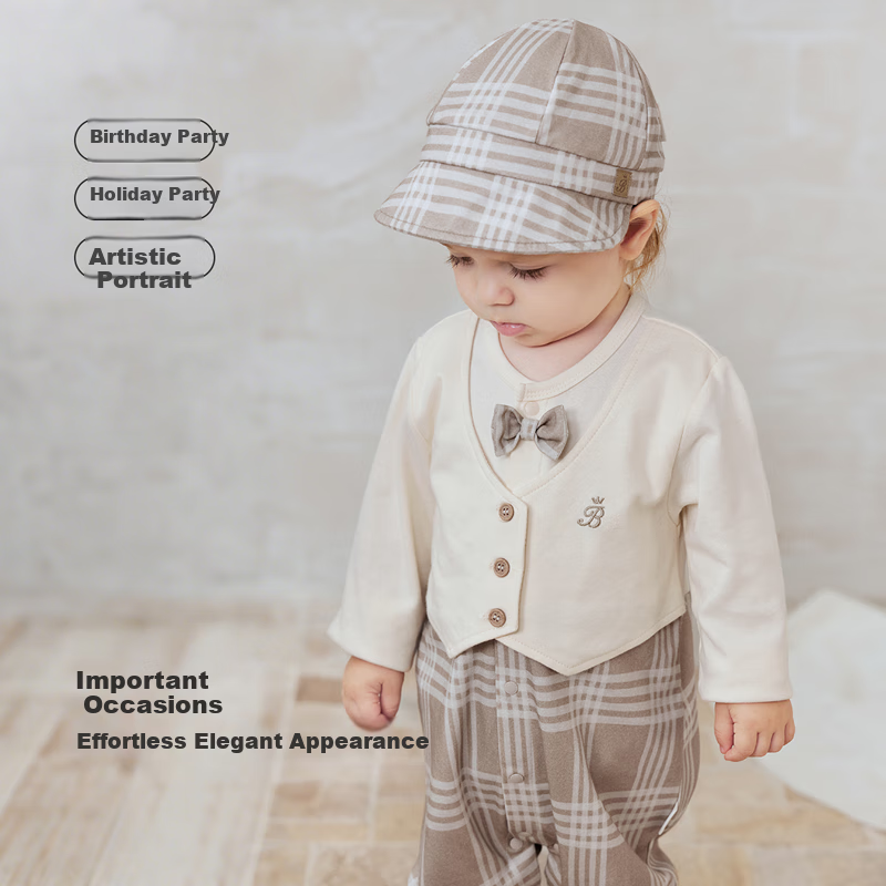 Babylove Baby Romper for Spring And Autumn, Boys' Faux Two-Piece Pure Cotton Onesie, Gentleman Style British Fashion Trendy First Birthday Party Outfit
