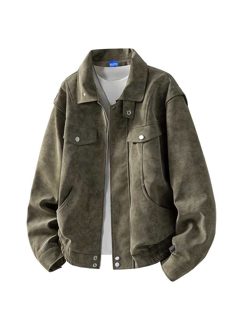 MARK FAIRWHALE Men's Turn-down Collar Jacket Autumn New Trendy Casual Retro Workwear Leather Coat Men's Outerwear Bean Green XL 14