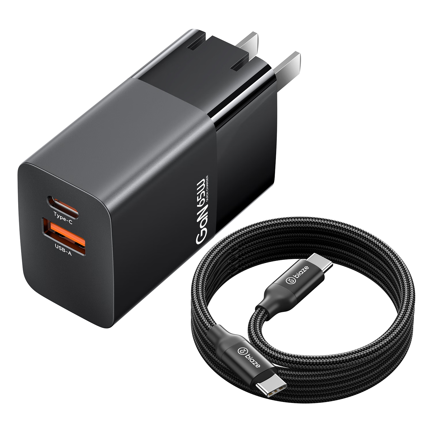 BIAZE 65W Gallium Nitride Charger Set, Type-C Multi-Port PD Fast Charging, Compatible with Apple 18/17/16/15, Huawei, Lenovo, Samsung Phones, MacBook Pro Laptops