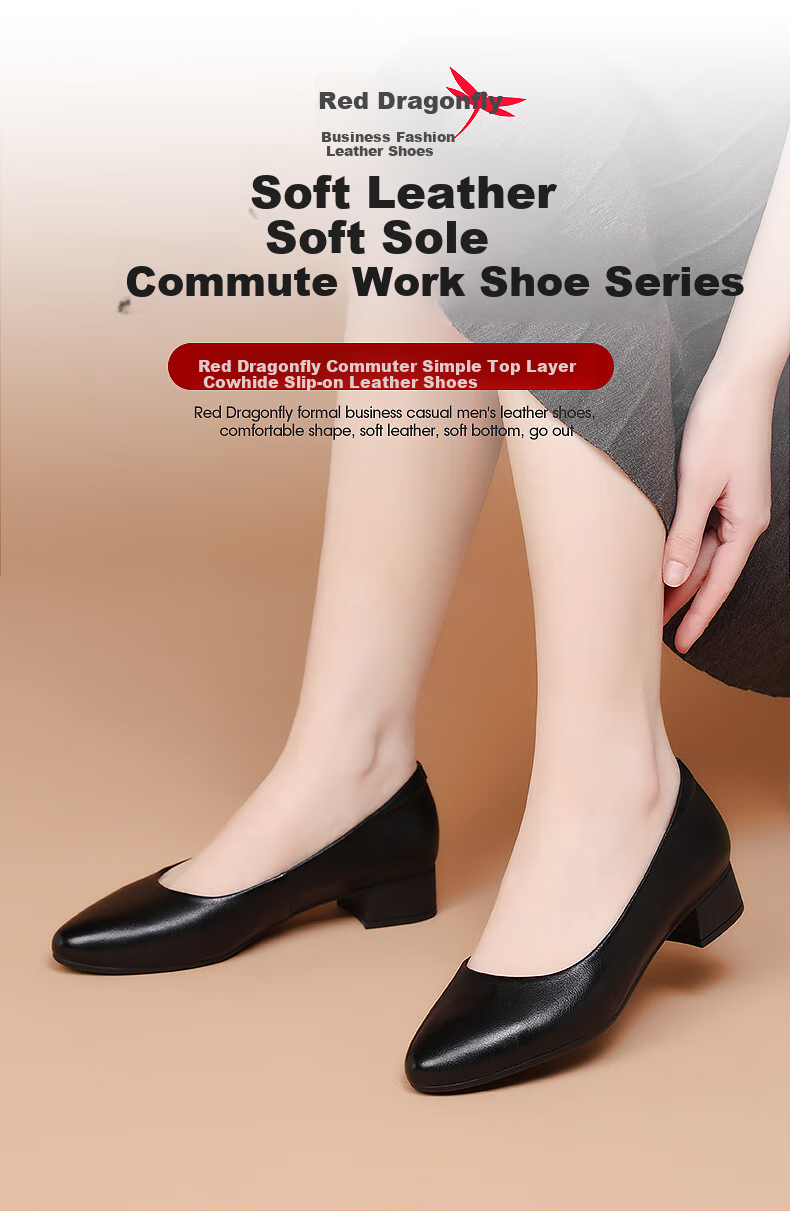 Red Dragonfly Women's Low-Cut Mid-Heel Slip-On Pumps Slimming Leather Shoes WTB435931G Black Size 39 1