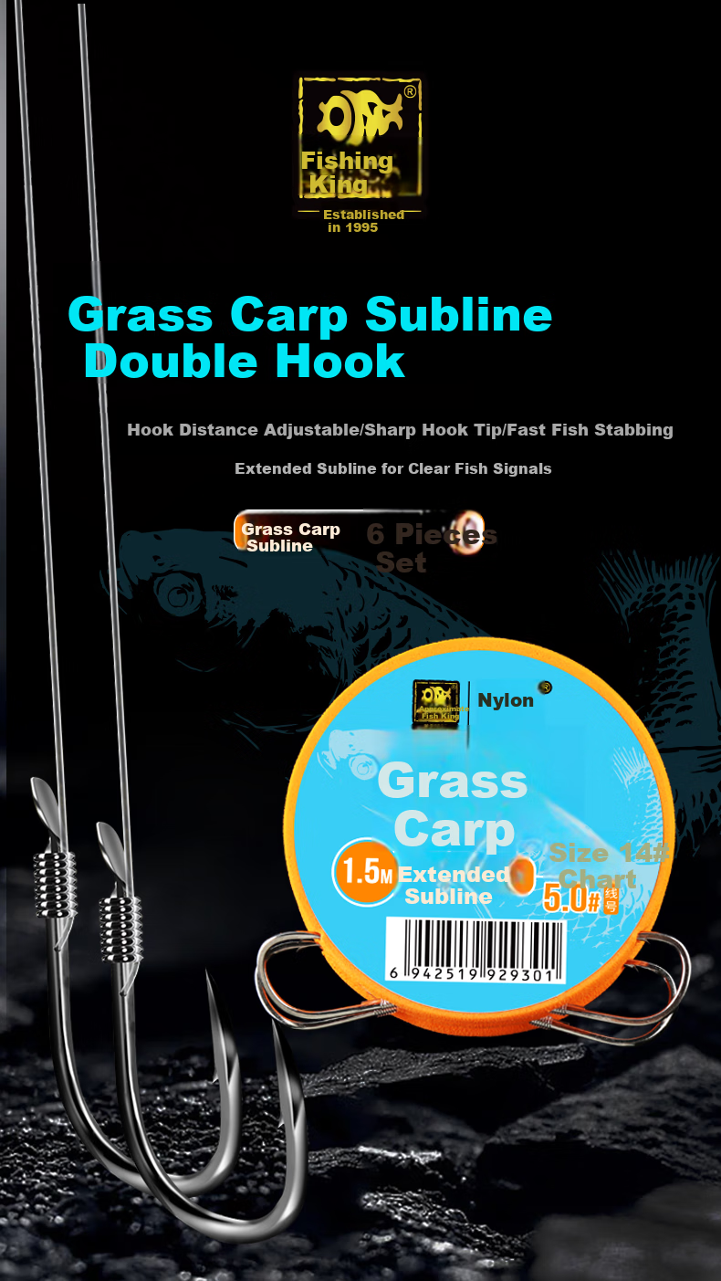 Diaoyuwang Grass Carp Fishing Line with Double Hooks, Pre-Tied for Big Fish, 1.5 Meters Long, 4.0# Yiseni 13#, 6 Sets 1