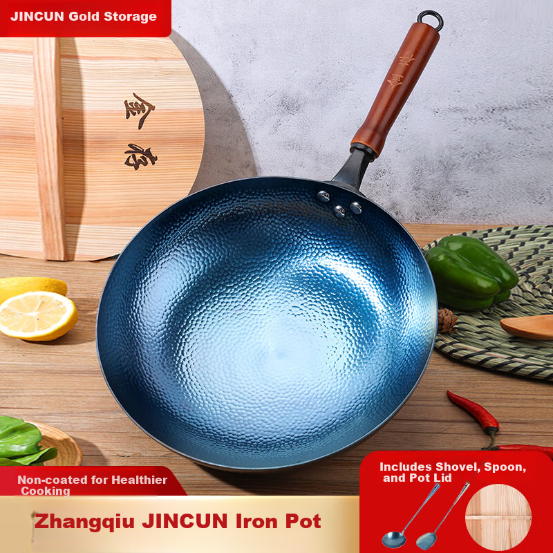 Чугунная сковорода JinCun, круглое дно, традиционная кованая, с деревянной ручкой, 30 см, без покрытия