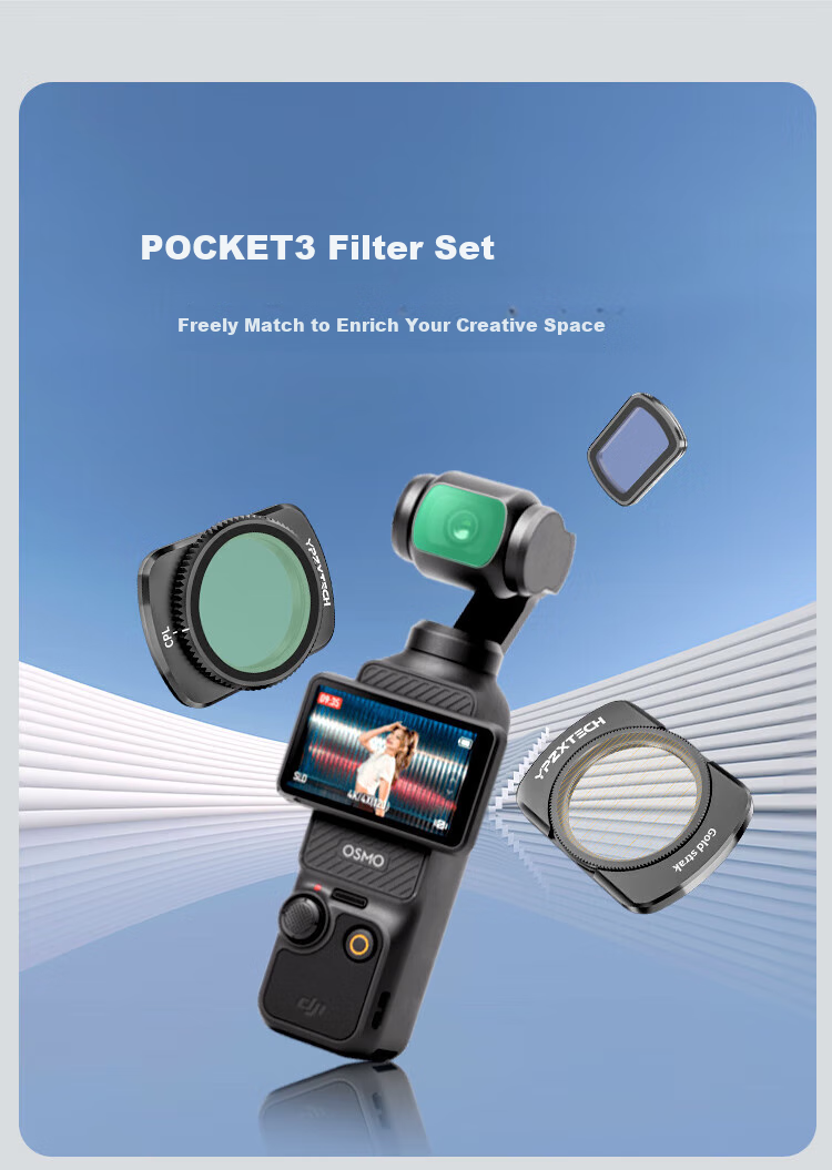 Yingshijiang Pocket 3 Filter Magnetic Quick-Release Adjustable ND Neutral Density Filter Set, 1/4 Black Soft CPL Polarizing Starlight, Pocket Camera Lens Accessories, Teleconverter 1