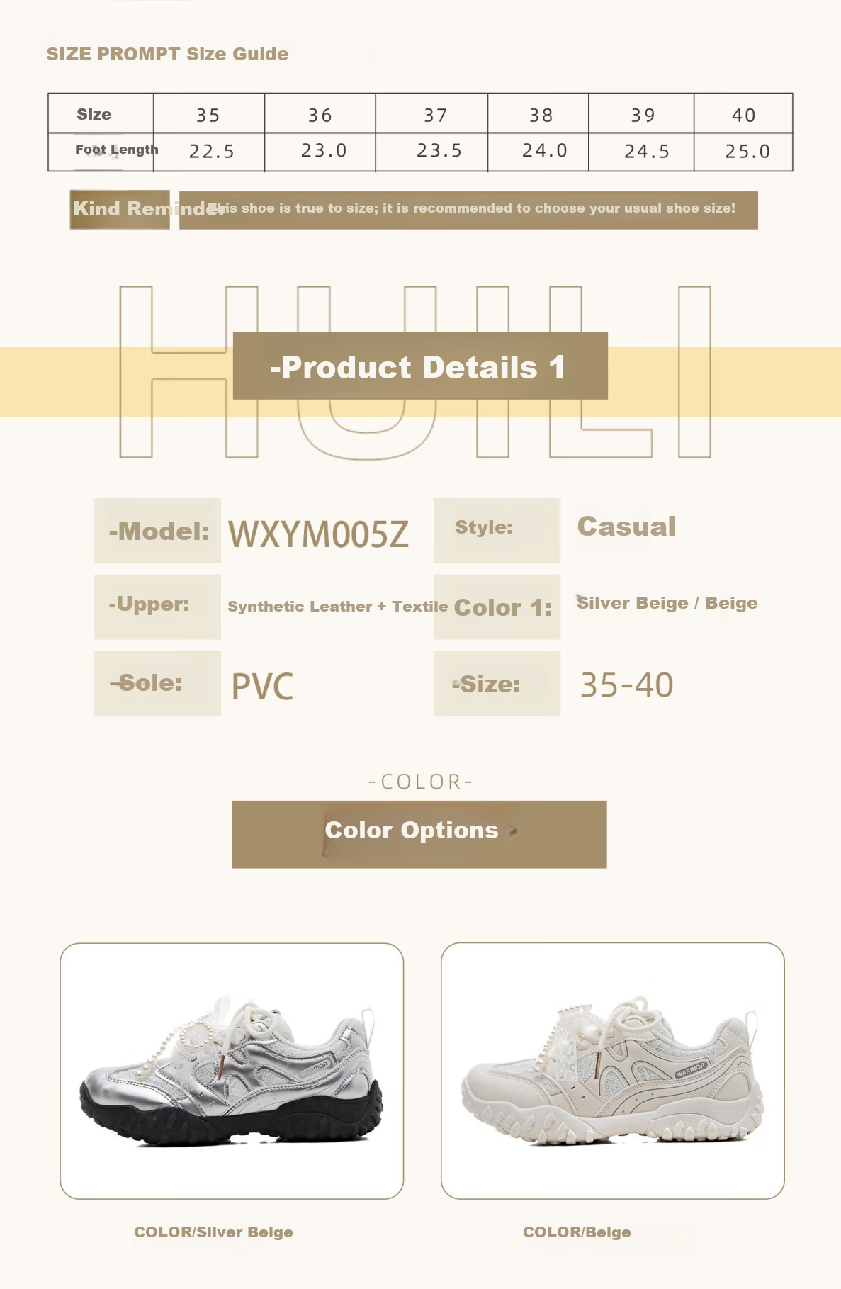 Huili Women's Shoes, Dexun Shoes, New Autumn Style, Thick-Soled Comfortable Casual Shoes, WXYM005Z, Beige (With Accessories), Size 38 1