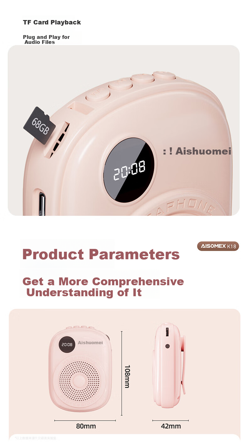 AISOMEX Portable Amplifier for Teachers, Classroom Teaching Microphone, Outdoor Tour Guide Shopping Assistant, Compact Loudspeaker Speaker K18 Pink 11