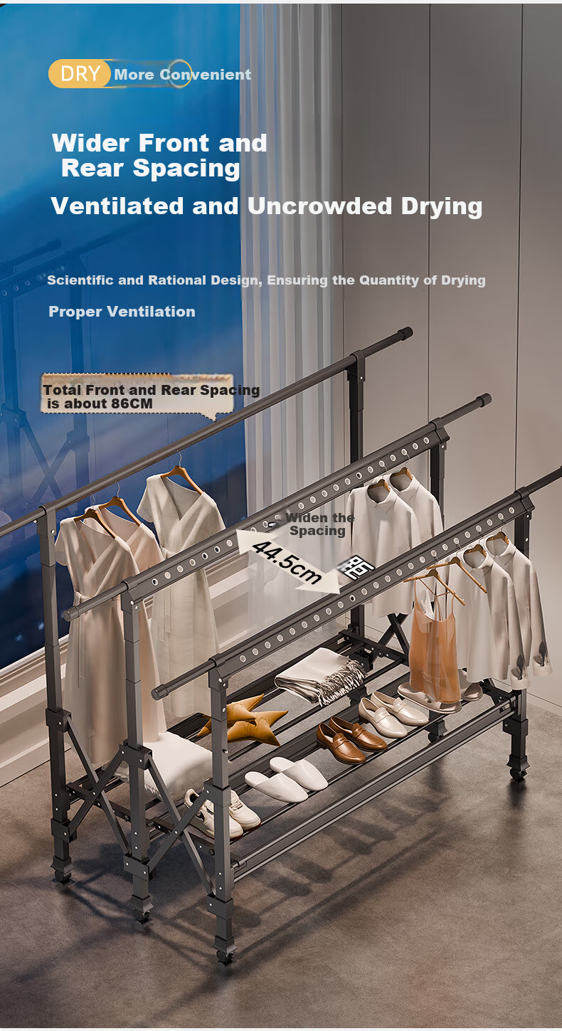 Cenggao Foldable Retractable Clothes Drying Rack, Indoor Balcony Home Use for Quilts And Clothes, Three-Pole Design, Champagne Gold Color, Large Size 10