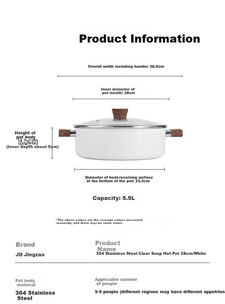 JD Original 304 Stainless Steel Thickened Base Large Capacity Soup Pot for Hot Pot, Suitable for Induction Cooker, Clear Soup Pot, 28CM White 9