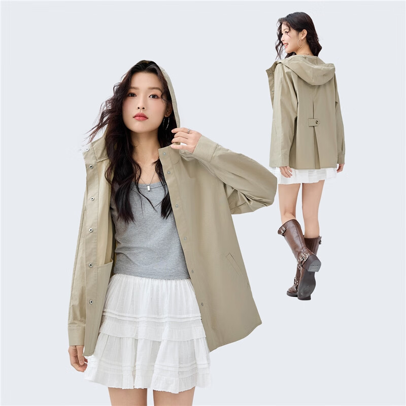 Giordano Women's Trench Coat Outdoor Camping Back Pleated Raglan Mid-Length Hooded Jacket 13375107