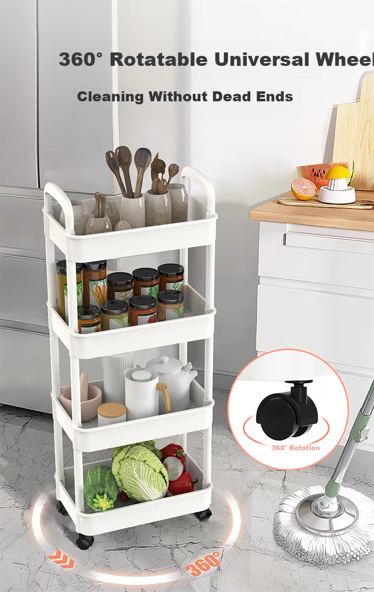 Jinlongxing Kitchen Trolley Storage Rack, Multi-Layer Baby Supplies Bathroom Floor Vegetable Snack Movable Storage Shelf, 4 Tiers 7
