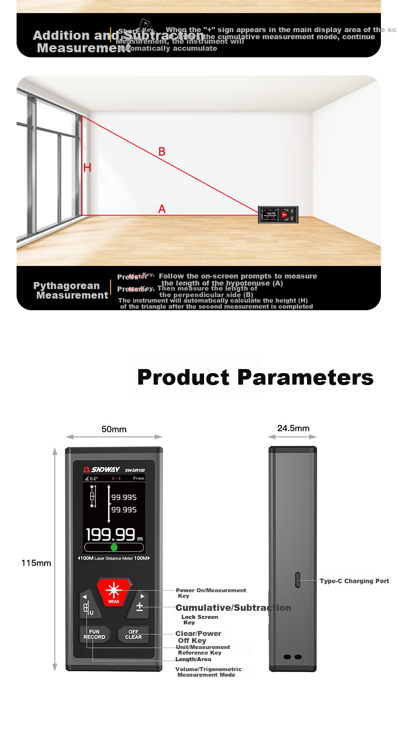 Shendawei Dual-direction Laser Distance Meter 200m Infrared Electronic Ruler Magnetic Back SW-DR100 9