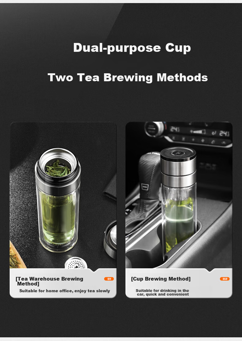 Fuguang Double-Layer Glass Cup, Car-Mounted One-Touch Lid Opening Tea Infuser Cup, High Borosilicate Tea-Water Separation Water Bottle for Men And Women, 300ml 8