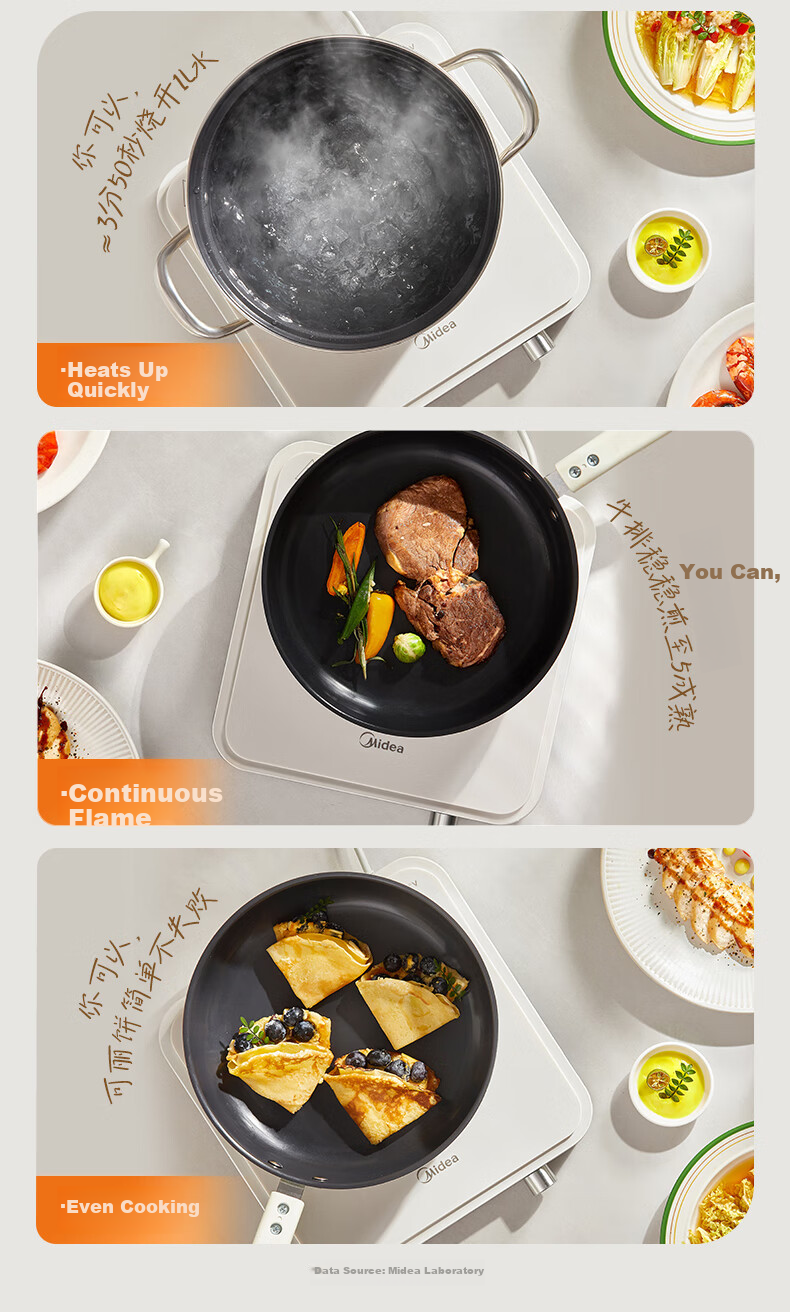 Midea Household Induction Cooker, Ceramic Cooktop, Battery Stove, 2200W High Power, Intense Heat, New Electromagnetic Stove with Integrated Microcrystalline Panel, Stir-Fry Cooking, Timer, Hot Pot Cooker MC-HGE22BF09 6