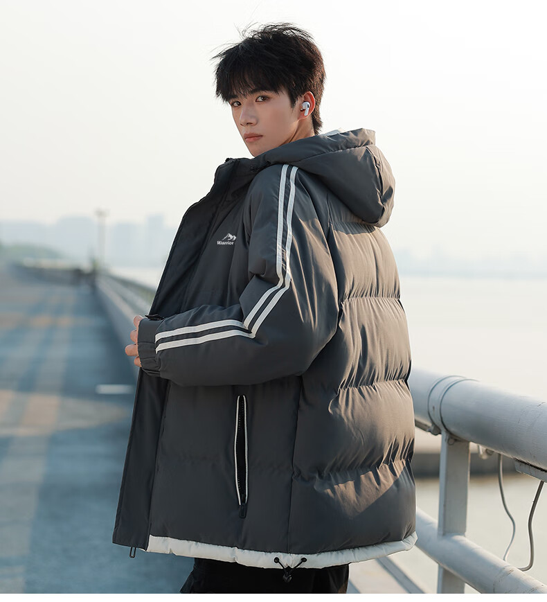 Warrior Men's Cotton Padded Jacket Autumn Winter Hooded Solid Thick Warm Outdoor Cold-Resistant Trendy Puffer Coat 9