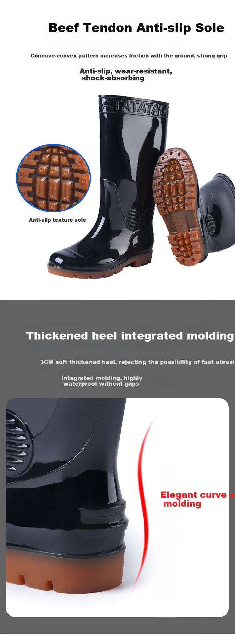 Pinzhide Thick Mid-High Rain Boots, Durable Water Boots for Rainy Days, Non-Slip Waterproof Rubber Shoes Resistant to Acid And Alkali, Black Mid-High Boots Size 39 5