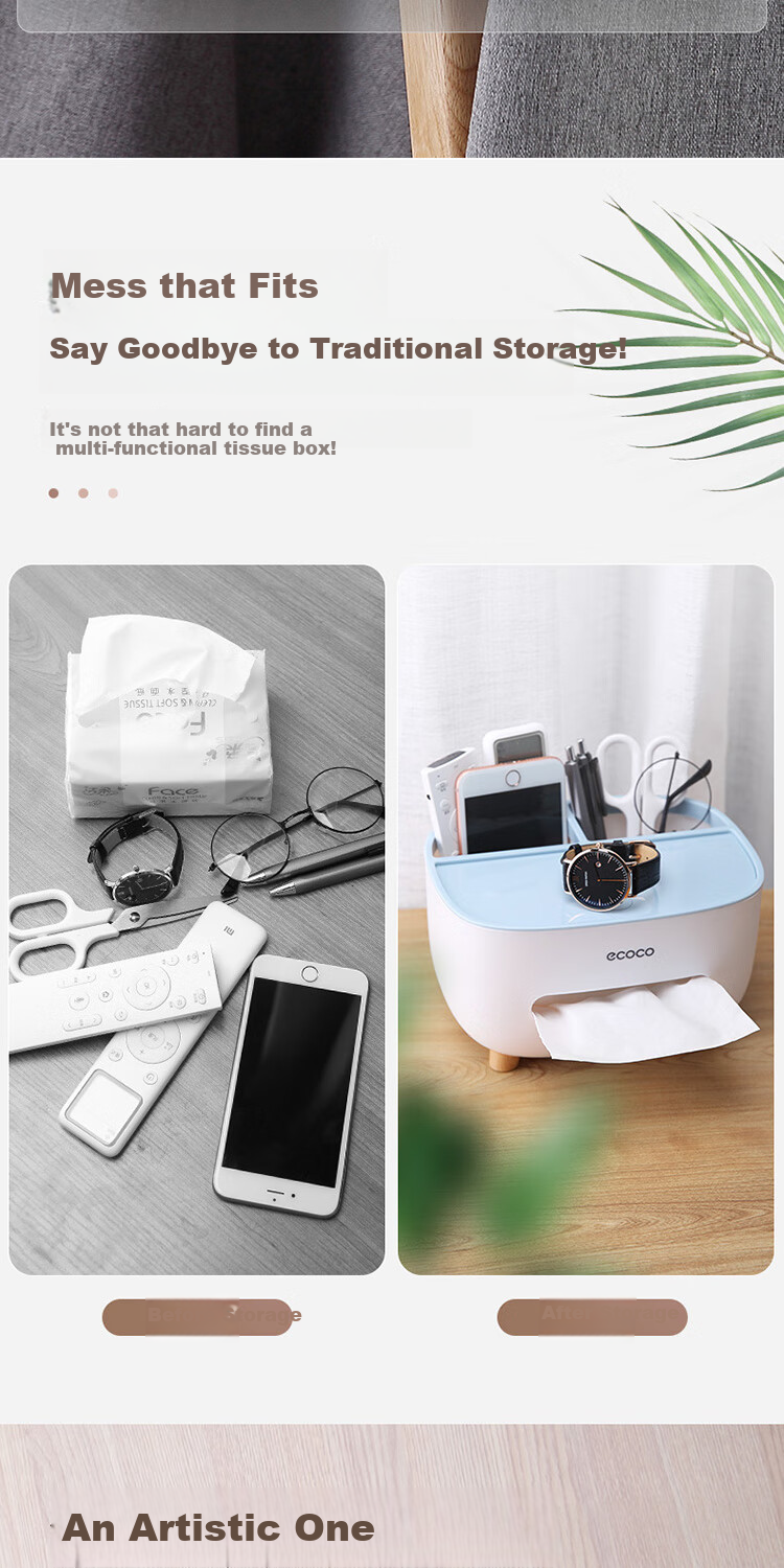 Ecoco Living Room Tissue Box, Desktop Storage Box, Nordic Style Waterproof Double-Layer Organizer 3