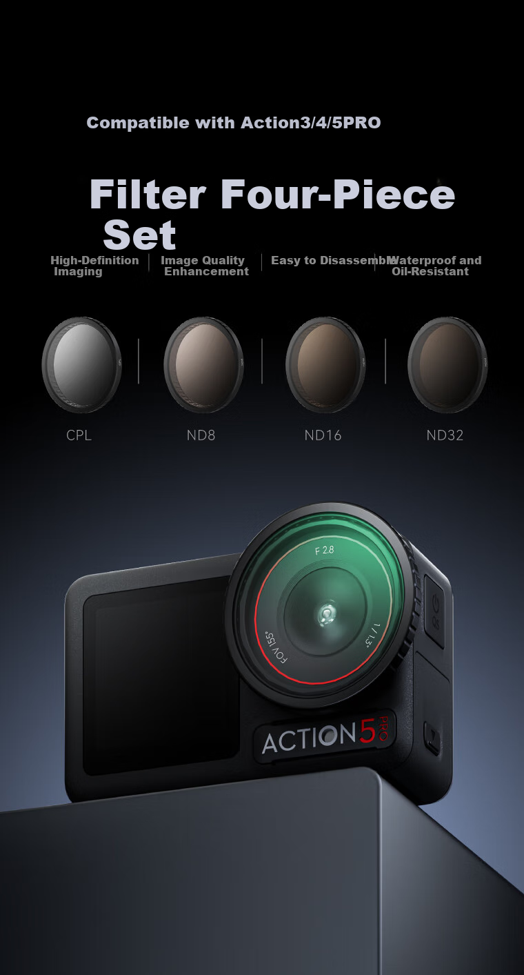 JD Original Compatible with DJI Osmo Action 4/3/5 Pro Action Camera, Four-Piece Filter Set Including CPL Polarizing Filter And ND8/16/32 Neutral Density Filters 1