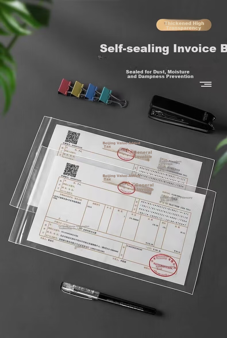 Yuzijian 100 Transparent Self-Sealing Bags, 275*160mm, Receipt Storage, Invoice Bags, Self-Sealing PE Moisture-Proof Bags, 7101 1