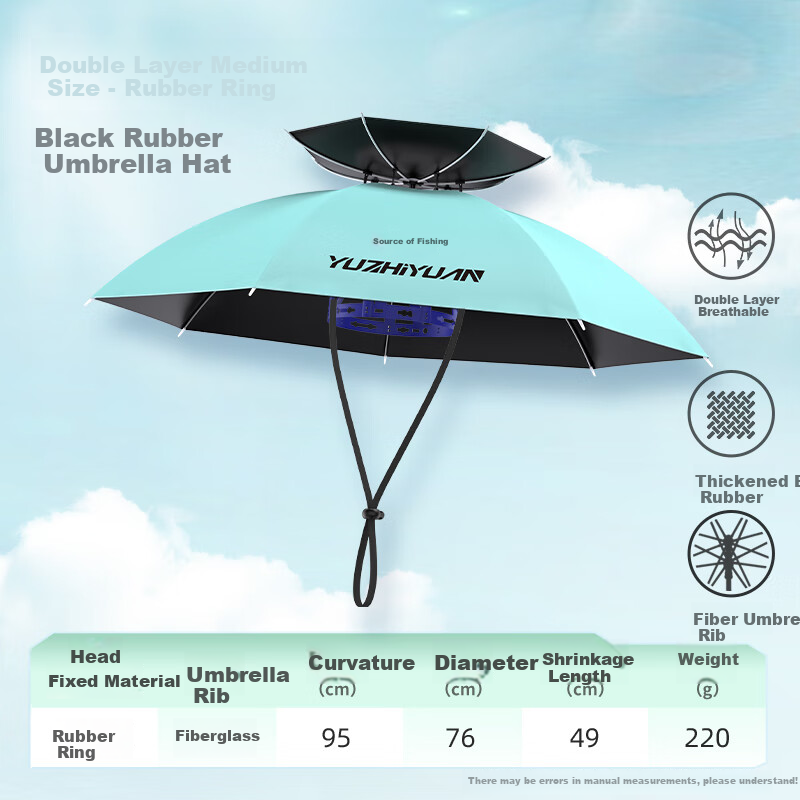 Yuzhiyuan Head Umbrella Hat, Double-Layer Breathable Fishing Umbrella, Outdoor Fishing Sun Protection And Rain Protection, Black Rubber, Medium Size, Adult Rubber Ring 8