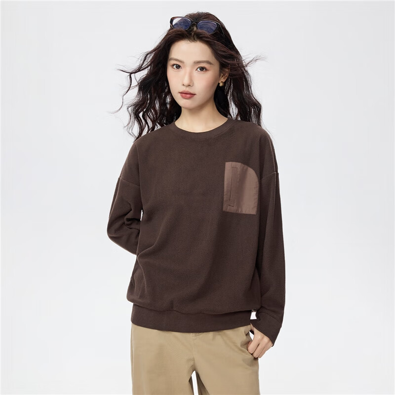 Giordano Women's Fleece Pullover Sweatshirt Autumn Winter New Patchwork Fake Pocket Crew Neck Fleece Top 05325816