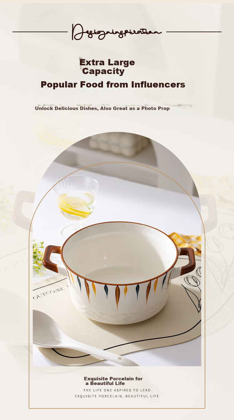 Hechuanwu Ceramic Soup Bowl, Large Size 10.5 Inches, Household Use, Underglaze Color, Double-Ear Large Bowl for Soup And Luosife 5