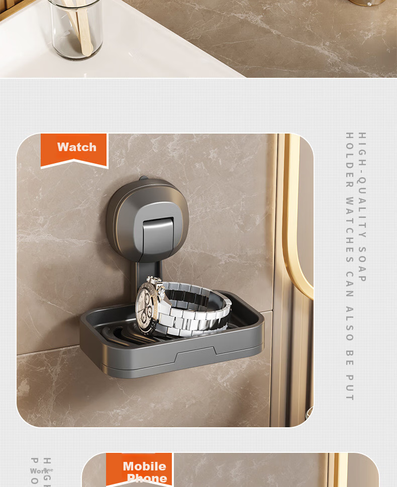 Shangmeide Suction Cup Soap Dish, No Drilling Required, Wall-Mounted Bathroom Draining Soap Holder, Luxurious Bathroom Storage Rack 12