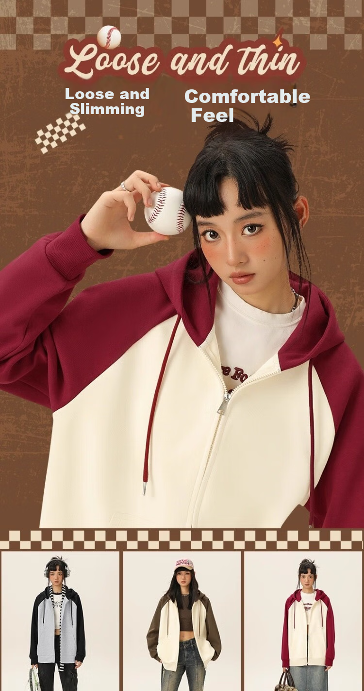 Huili Women's Hoodie Jacket, 2026 New Spring And Autumn Style, Color-Block American Retro Design, Middle School Student Hooded Cardigan, High-End Spring Outfit 3