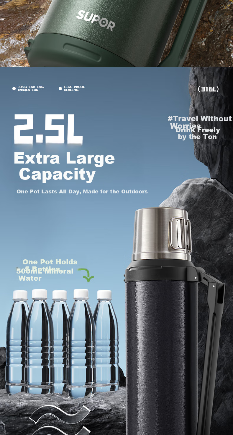 SUPOR Insulated Bottle, 316L Stainless Steel, Large Capacity Thermos, Car Water Bottle, Outdoor Travel Flask, Hot Water Bottle, 2.0L, Gree 9