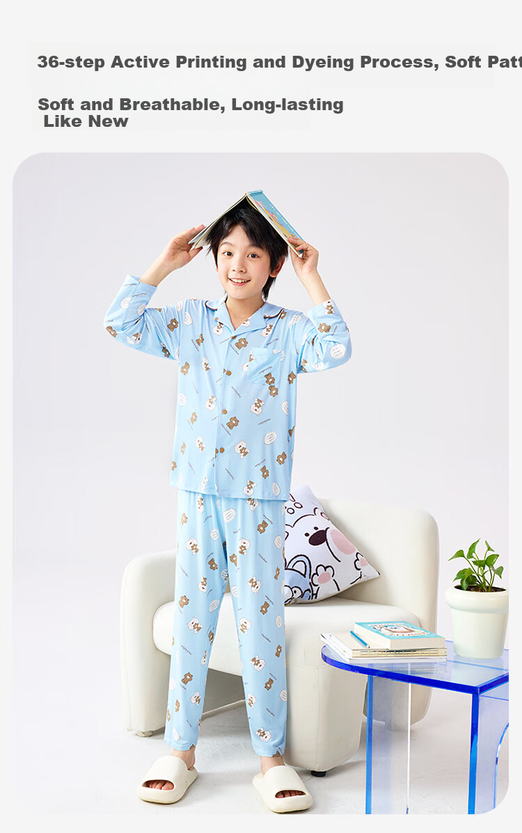 Jiusuiban [Miiiiichan Collaboration] Children's Pajamas, Boys' Spring And Summer Plant Cotton Thin Cartoon Bear Home Wear Set 6